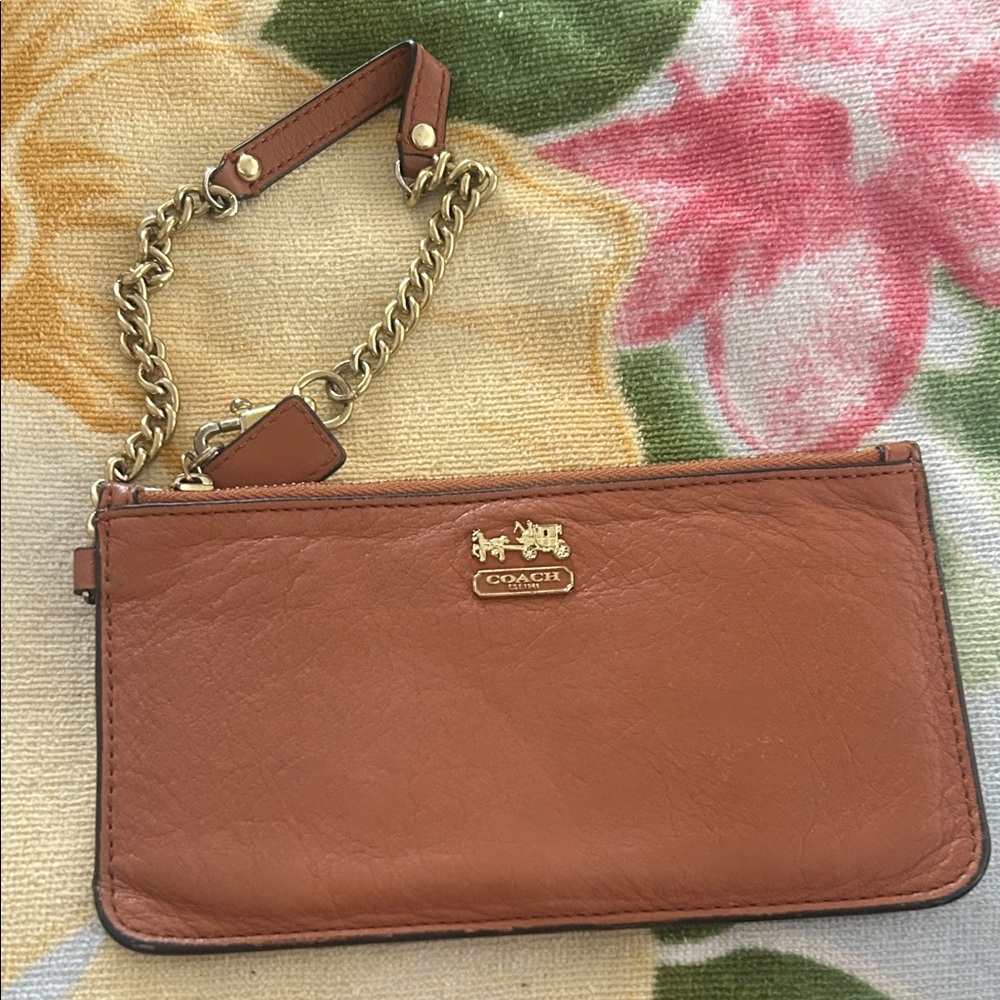 Coach Brown Leather Wristlet with Gold Chain - Picture 1 of 3